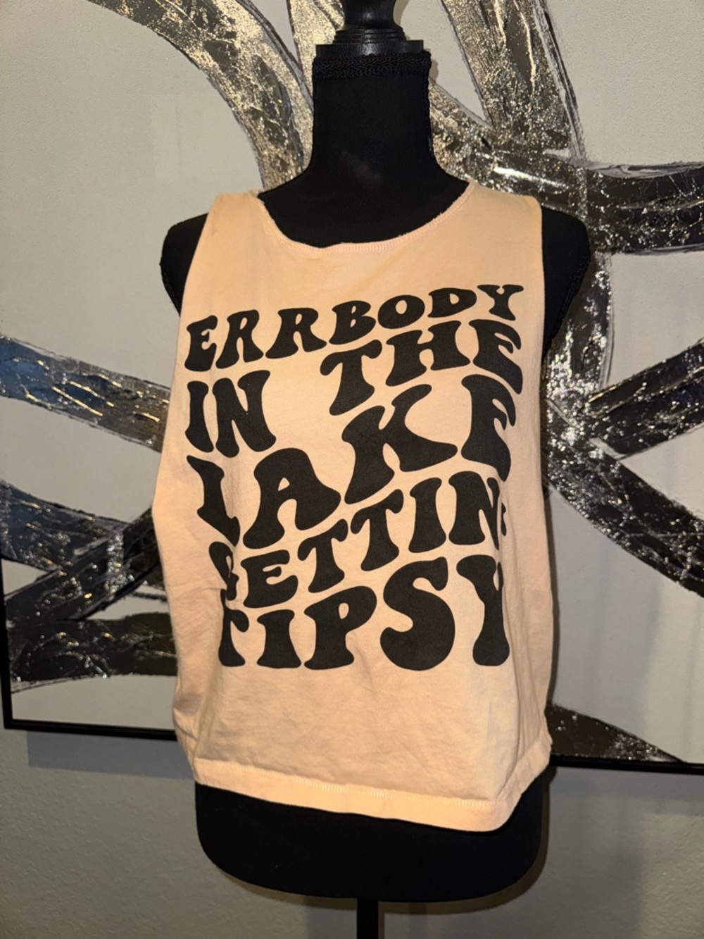 Graphic Lake Day Tank Top with Bold Black Lettering